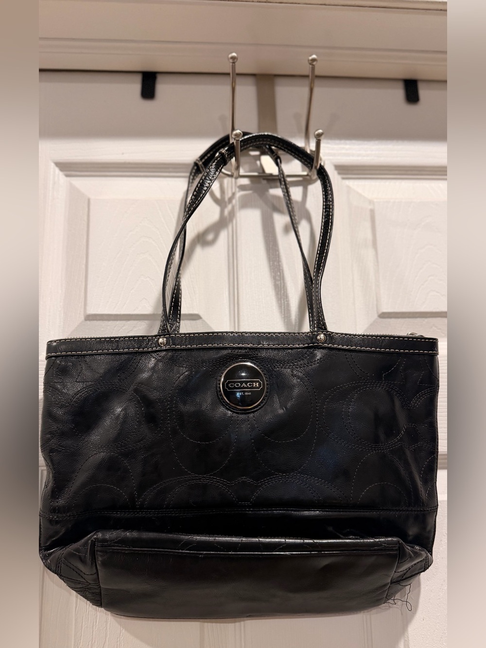 Coach Black Leather Signature Circle Tote